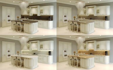 A set of kitchen aprons made of stone. Pastel kitchen with island and chandelier. 3D rendering.
