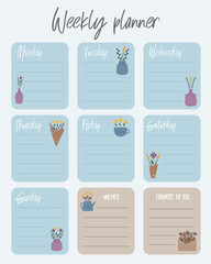 Cute weekly planner, to do list and notes template. Note paper and stickers set with flowers in pastel colors.