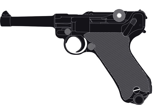 Vector image of a German pistol from the First and Second World Wars known as the Parabellum. Side view of the gun