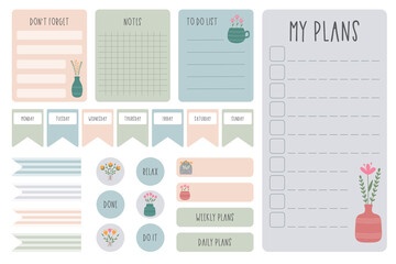 Cute weekly planner, to do list and notes template. Note paper and stickers set with flowers in pastel colors. Template for agenda, schedule, planners, checklists, notepads, postcards and stationery
