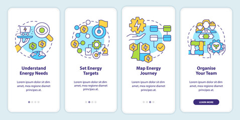Steps to energy strategy onboarding mobile app screen. Understand needs walkthrough 4 steps graphic instructions pages with linear concepts. UI, UX, GUI template. Myriad Pro-Bold, Regular fonts used