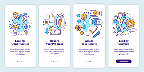 Key steps to energy strategy onboarding mobile app screen. Report walkthrough 4 steps graphic instructions pages with linear concepts. UI, UX, GUI template. Myriad Pro-Bold, Regular fonts used