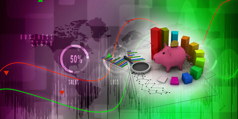 3d rendering Pig Coin bank with business graph