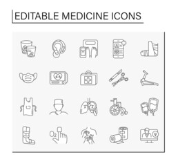 Medicine line icons set.Consultation with doctor. Clinical treals and treatment. Healthcare concept. Isolated vector illustrations. Editable stroke