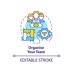 Organize your team concept icon. Moving to energy strategy abstract idea thin line illustration. Assigning responsibility. Isolated outline drawing. Editable stroke. Arial, Myriad Pro-Bold fonts used