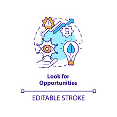 Look for opportunities concept icon. Key step to energy strategy abstract idea thin line illustration. Reducing emissions. Isolated outline drawing. Editable stroke. Arial, Myriad Pro-Bold fonts used
