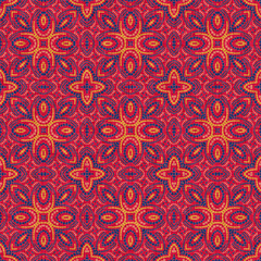Indian boho summer bandana seamless symmetrical pattern. Versatile masculine red blue scarf print in kaleidoscopic floral ornamental style.