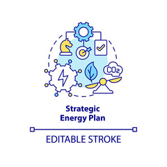 Strategic energy plan concept icon. Building energy strategy abstract idea thin line illustration. Reduce carbon footprint. Isolated outline drawing. Editable stroke. Arial, Myriad Pro-Bold fonts used