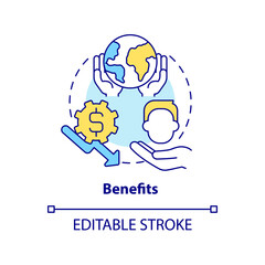 Benefits concept icon. Focus on energy strategy abstract idea thin line illustration. Improving efficiency and environment. Isolated outline drawing. Editable stroke. Arial, Myriad Pro-Bold fonts used