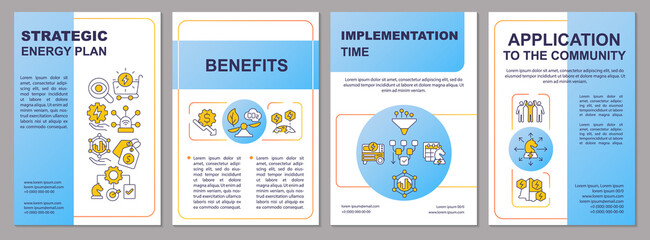 Successful energy plan blue brochure template. Application to community. Leaflet design with linear icons. 4 vector layouts for presentation, annual reports. Arial, Myriad Pro-Regular fonts used © bsd studio