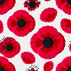 Red poppies on a light gray background. Seamless pattern with spring flowers for fashion textiles. Vector.