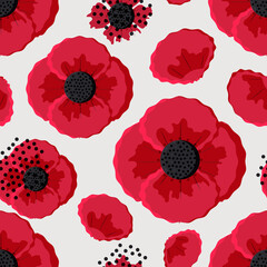 Fototapeta premium Red poppies on a light gray background. Seamless pattern with spring flowers for fashion textiles. 