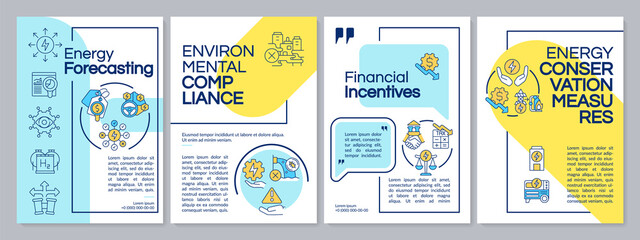 Fototapeta na wymiar Efficient energy planning blue and yellow brochure template. Conservation. Leaflet design with linear icons. 4 vector layouts for presentation, annual reports. Questrial, Lato-Regular fonts used