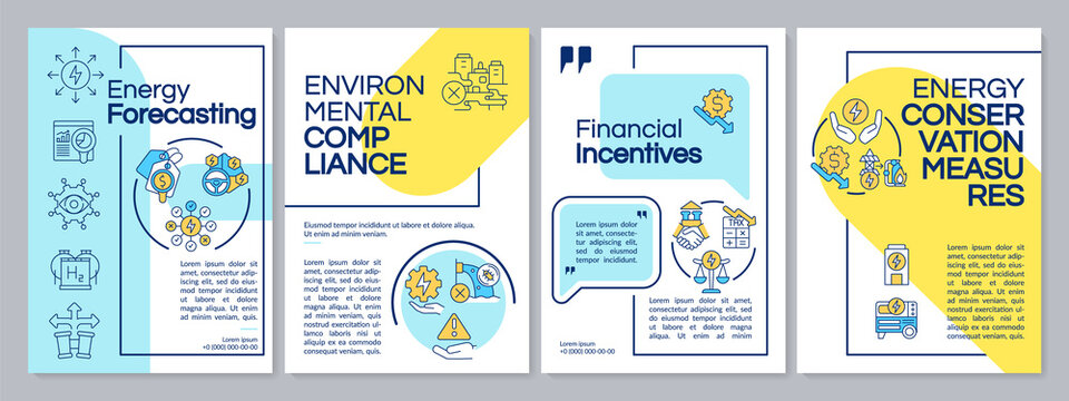 Efficient energy planning blue and yellow brochure template. Conservation. Leaflet design with linear icons. 4 vector layouts for presentation, annual reports. Questrial, Lato-Regular fonts used