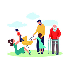 Vector Happy Family Playing Outdoors Summer Colorful Illustration, Young Family with Their Grandfather, Children and Parents Flat Design.