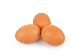 Three chicken eggs isolated on white background.