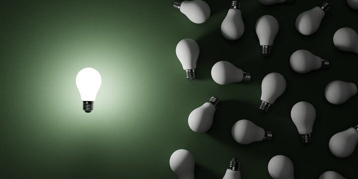 The luminion light bulb lies freely and separately from other white light bulbs on the green surface. 3D render illustration. Banner size.