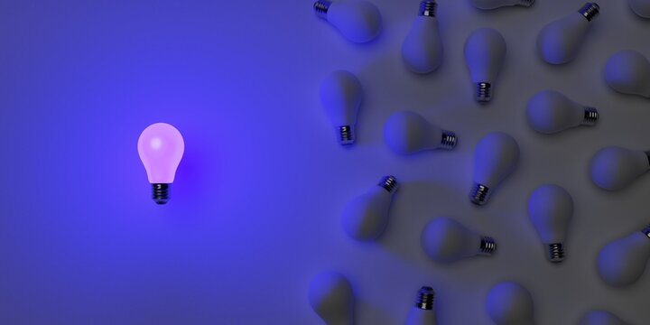 The luminion ultraviolet light bulb lies freely and separately from other white light bulbs on the white surface. 3D render illustration. Banner size.