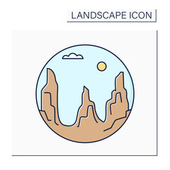 Canyon color icon. Deep gorge, narrow valet indentation with steep sides. Landscape concept.Isolated vector illustration