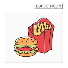 Fast food color icon. Tasty burger and big french fries. Delicious dish from cafe.Fast food concept. Isolated vector illustration