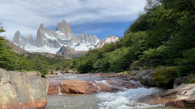 Panoramic view of Mount Fitz Roy from the Salto stream in El Chalten