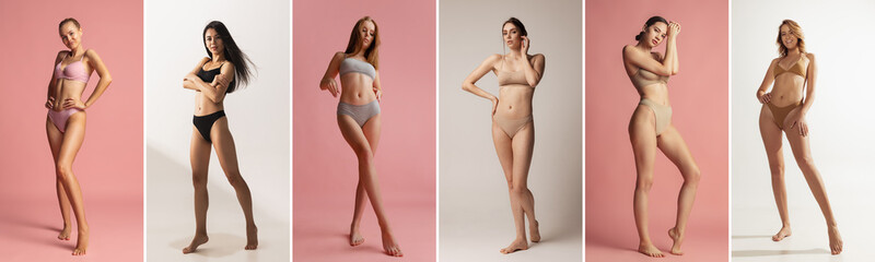 Collage. Tender young girls posing in underwear isolated over pink and gray background
