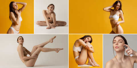 Set of portraits of young beautiful woman posing in underwear isolated over grey and yellow background. Taking care after body