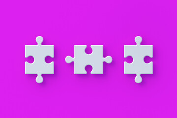 Row of jigsaw puzzle pieces on pink background. 3d render - obrazy, fototapety, plakaty