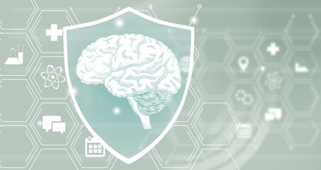 Graphic illustration of Brain organ protected by a shield. Healthcare concept background with medical icons.