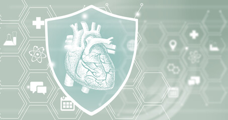 Graphic illustration of Heart organ protected by a shield. Healthcare concept background with medical icons.