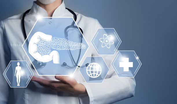 Unrecognizable female doctor holding graphic virtual visualization model of Pancreas organ in hands. Multiple medical icons on the background.