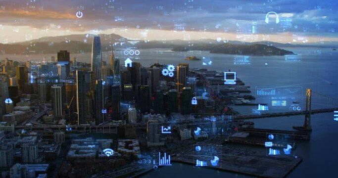 Smart city and communication network concept. 5G connections , IoT, Internet of Things, Telecommunication. Technology. San Francisco.