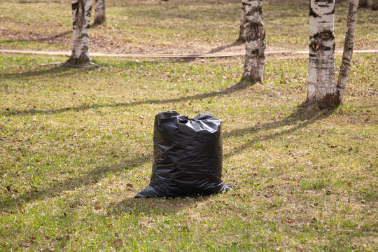 Garbage collection in the spring in the park.Bags of garbage on the street.