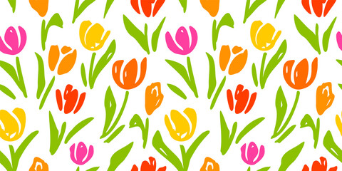 Tulips Pattern - Spring Flower Background Seamless Vector