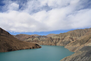 landscape of Yamdrok lake ,the fresh water lake in TiBET surround with mountains ,turquoise lake with white cloud AND BLUE SKY