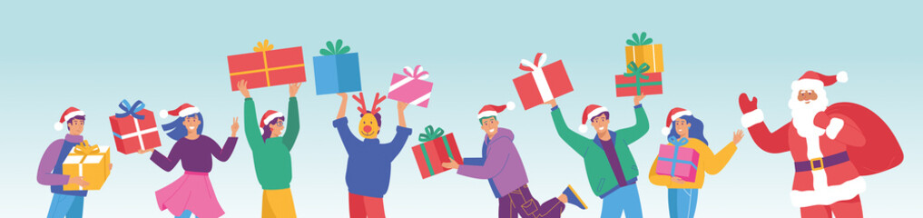 Set of happy people received gifts from Santa Claus. Flat cartoon colorful vector illustration. Group of joyful people celebrate Christmas and hold presents. Isolated images on a blue background.