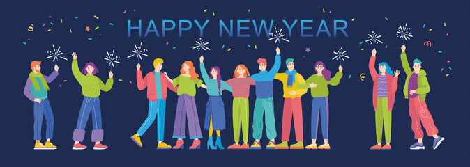 Group of happy people celebrating New Year with sparkles. Merry Christmas and Happy new year! Flat cartoon colorful vector illustration. Cute characters.