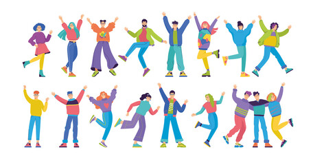Fototapeta na wymiar Set of happy young fashion-dressed people. Birthday party with friends. Flat cartoon colorful vector illustration. Funny characters. 