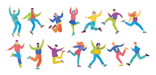 Set of happy young fashion-dressed people. Birthday party with friends. Flat cartoon colorful vector illustration. Funny characters. 