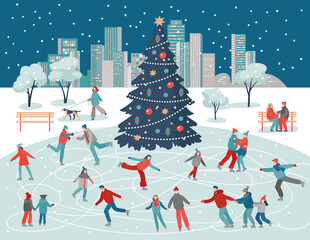 Cartoon people on ice skating rink.  Winter outdoor activities. Flat design. Vector illustration.