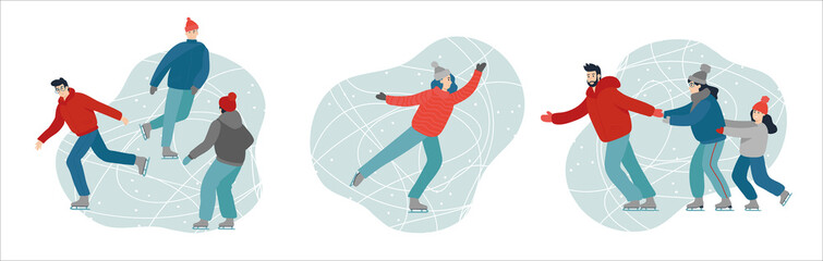 Groups of happy people skating on a rink. Winter holiday activity with couple, friends and children. Winter outdoor activities. Flat cartoon design. Vector illustration.