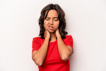 Young hispanic woman isolated on white background suffering neck pain due to sedentary lifestyle.