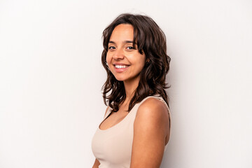 Young hispanic woman isolated on white background confident keeping hands on hips.