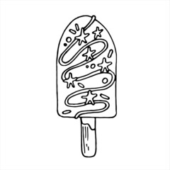 Cute ice popsicle with stars. Black and white vector image. 