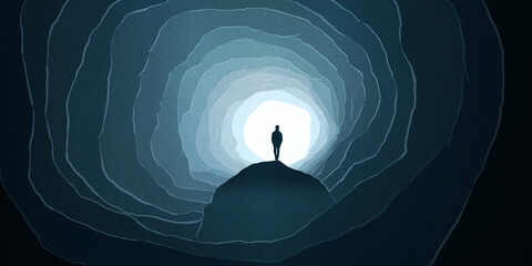 Silhouette of Man rock underground cave deep light