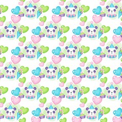 Cartoon vector seamless pattern with a panda, ice cream, cake and hearts on a white background. Kids' holiday, party, birthday.