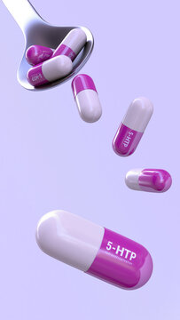 Capsules with biological additives on a light background. 5 HTP amino acid. Close-up. Medicine and pharmacology. 3D rendering. Illustration.