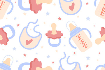 Seamless pattern with baby things. Bottle with pacifier, dummy, baby bib for feeding. Ideal for nursery, baby clothes, textiles, wrapping paper, postcards. Vector illustration in flat cartoon style