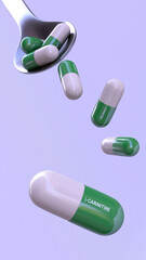 Capsules with biological additives on a light background. Growth vitamin L-carnitine. Close-up. Medicine and pharmacology. 3D rendering. Illustration.
