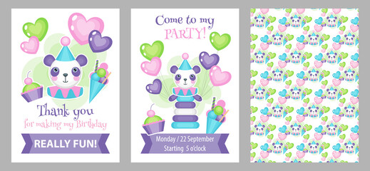 Children's party invitation, gratitude and seamless pattern. Kids' holiday, party, birthday. Set of postcards. Circus theme.